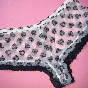 Victoria's Secret S shortie Panty Tan Pink Black Velour Flock HEART Ruffle Lace